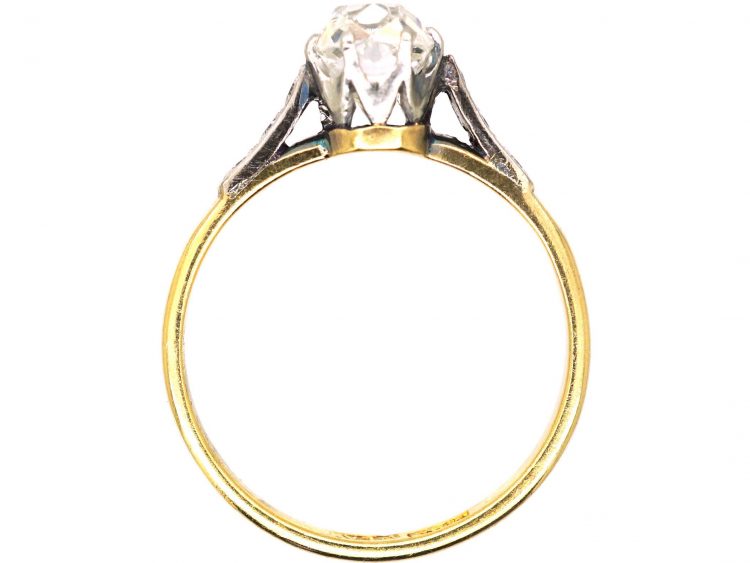 Edwardian 18ct Gold & Platinum Cushion Cut Diamond Solitaire Ring with Diamond set Shoulders