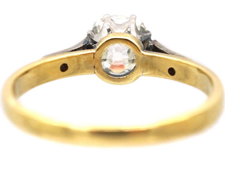 Edwardian 18ct Gold & Platinum Cushion Cut Diamond Solitaire Ring with Diamond set Shoulders