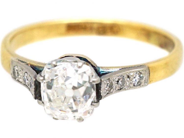 Edwardian 18ct Gold & Platinum Cushion Cut Diamond Solitaire Ring with Diamond set Shoulders