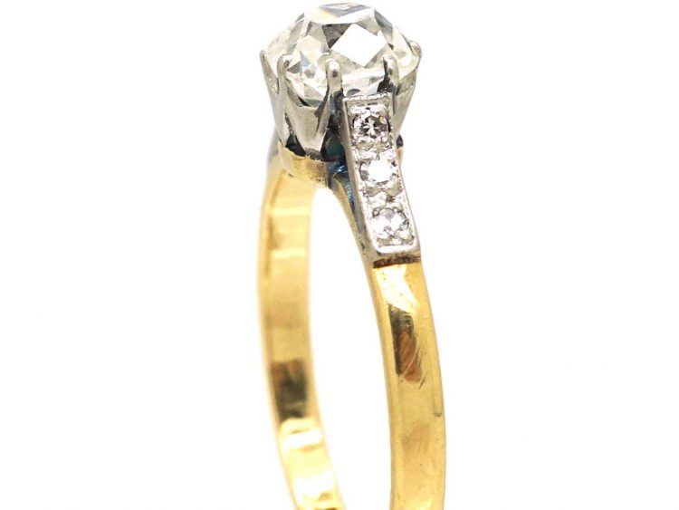 Edwardian 18ct Gold & Platinum Cushion Cut Diamond Solitaire Ring with Diamond set Shoulders