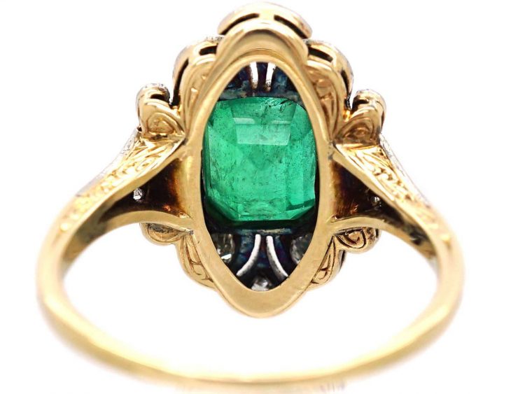 Art Deco 18ct Gold & Platinum, Emerald & Diamond Ornate Ring