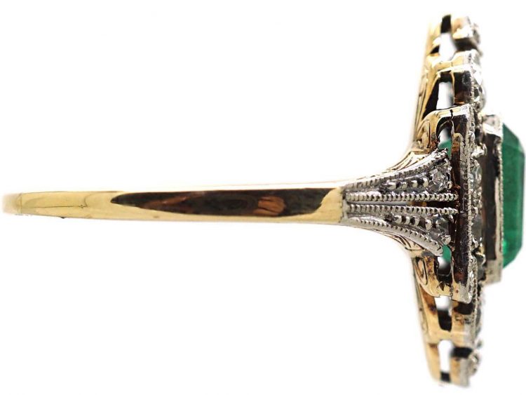 Art Deco 18ct Gold & Platinum, Emerald & Diamond Ornate Ring