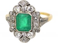 Art Deco 18ct Gold & Platinum, Emerald & Diamond Ornate Ring