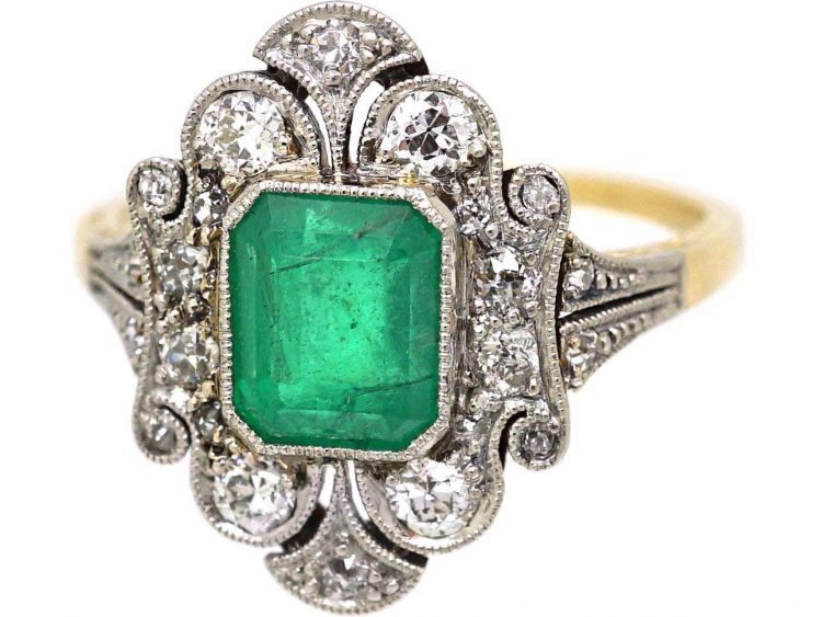 Art Deco 18ct Gold & Platinum, Emerald & Diamond Ornate Ring