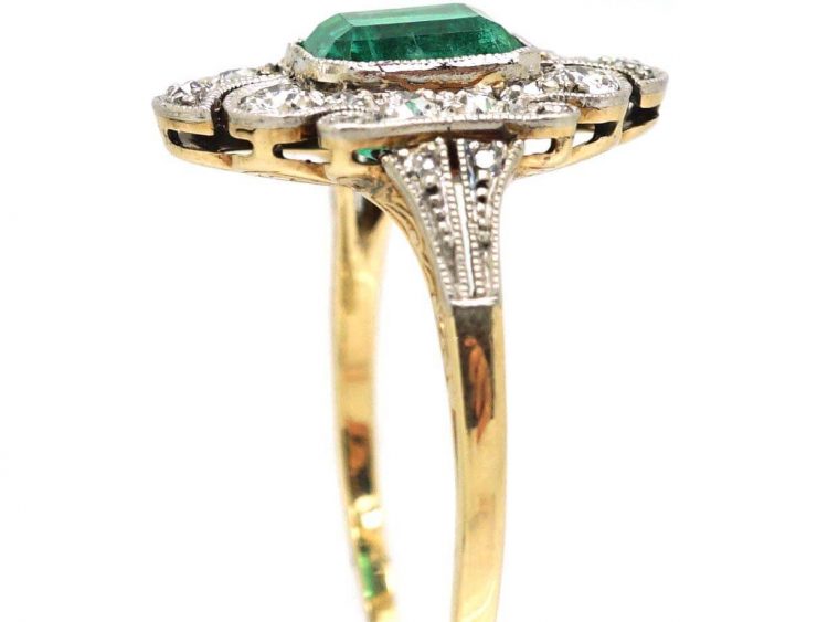 Art Deco 18ct Gold & Platinum, Emerald & Diamond Ornate Ring
