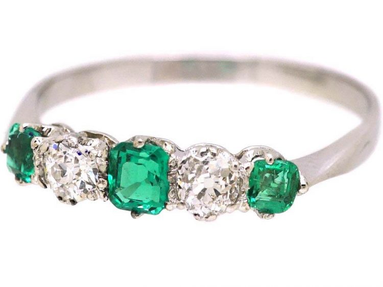 Early 20th Century Platinum, Emerald & Diamond Five Stone Ring