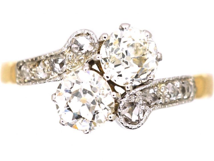 Edwardian 18ct Gold & Platinum, Two Stone Diamond Crossover Ring