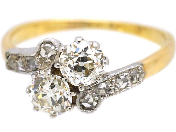 Edwardian 18ct Gold & Platinum, Two Stone Diamond Crossover Ring