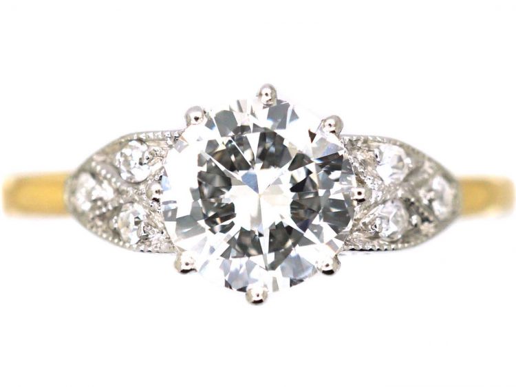 Art Deco 18ct Gold & Platinum Solitaire Diamond Ring with Diamond set Shoulders