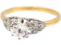 Art Deco 18ct Gold & Platinum Solitaire Diamond Ring with Diamond set Shoulders