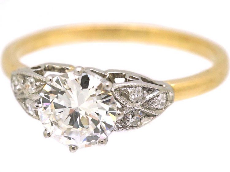 Art Deco 18ct Gold & Platinum Solitaire Diamond Ring with Diamond set Shoulders