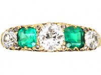 Edwardian 18ct Gold Five Stone Diamond & Emerald Carved Half Hoop Ring