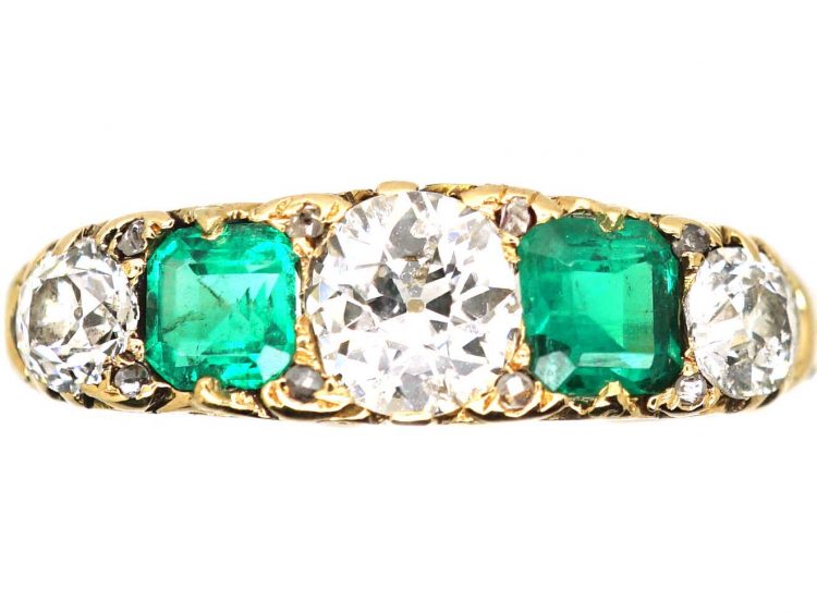Edwardian 18ct Gold Five Stone Diamond & Emerald Carved Half Hoop Ring