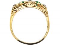 Edwardian 18ct Gold Five Stone Diamond & Emerald Carved Half Hoop Ring