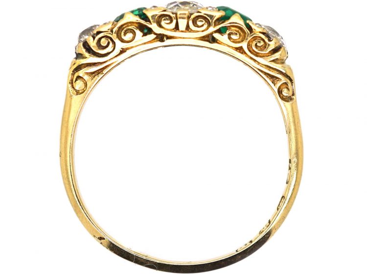 Edwardian 18ct Gold Five Stone Diamond & Emerald Carved Half Hoop Ring