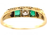 Edwardian 18ct Gold Five Stone Diamond & Emerald Carved Half Hoop Ring