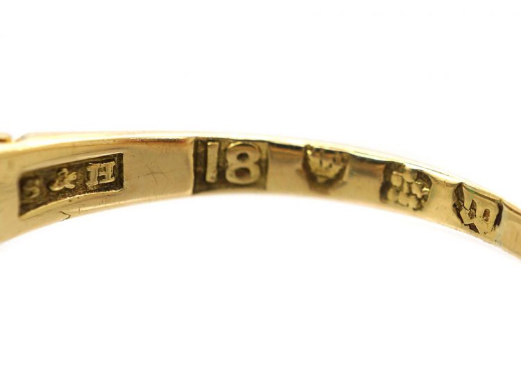 Edwardian 18ct Gold Five Stone Diamond & Emerald Carved Half Hoop Ring