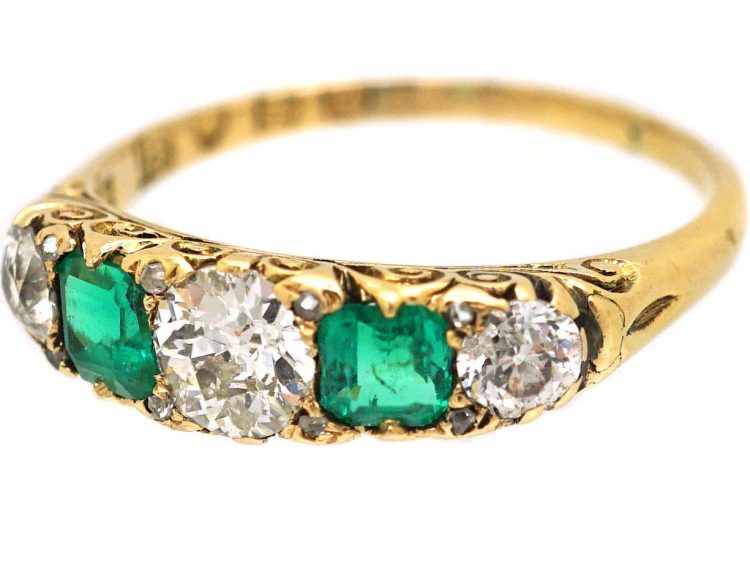 Edwardian 18ct Gold Five Stone Diamond & Emerald Carved Half Hoop Ring