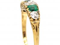 Edwardian 18ct Gold Five Stone Diamond & Emerald Carved Half Hoop Ring