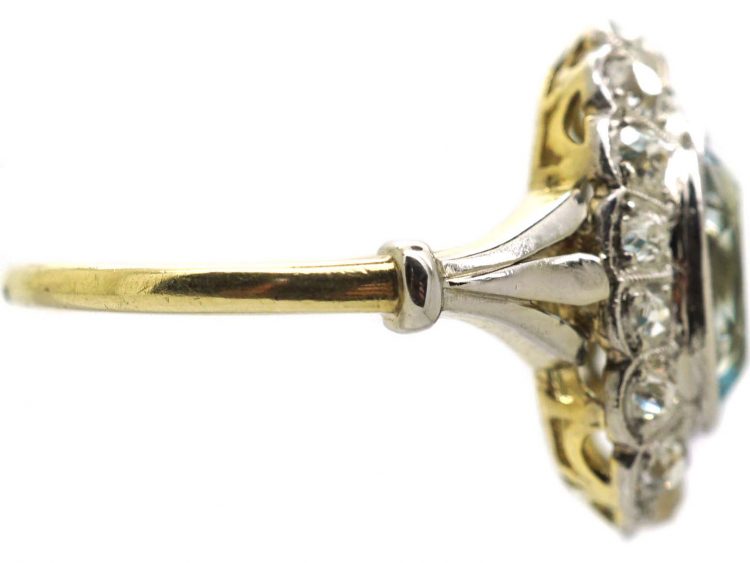 Edwardian 18ct Gold, Aquamarine & Diamond Oval Cluster Ring