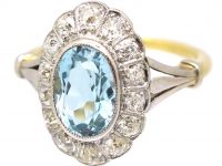 Edwardian 18ct Gold, Aquamarine & Diamond Oval Cluster Ring