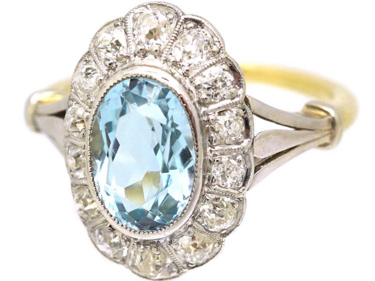 Edwardian 18ct Gold, Aquamarine & Diamond Oval Cluster Ring