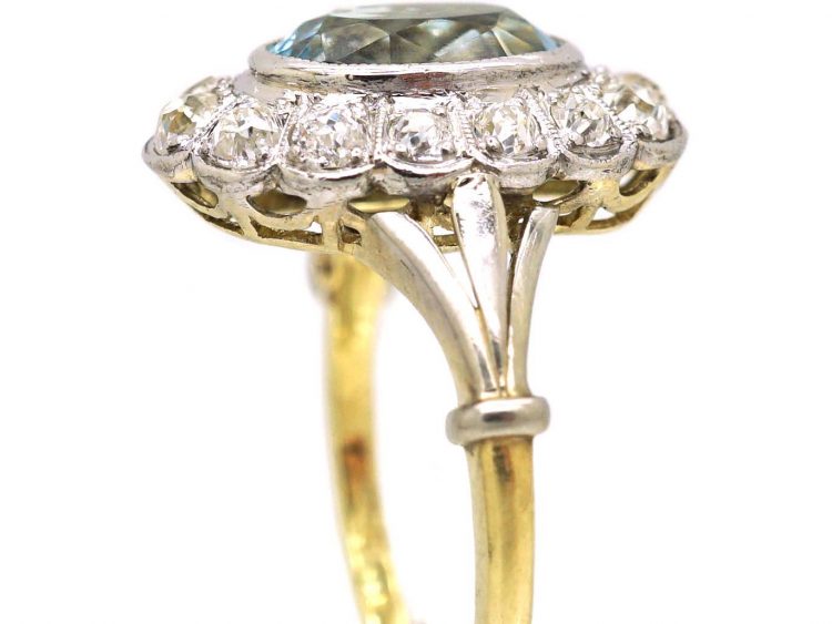 Edwardian 18ct Gold, Aquamarine & Diamond Oval Cluster Ring