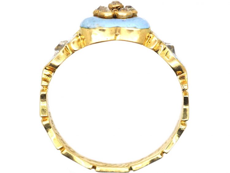 Georgian 18ct Gold, Pale Blue Enamel & Diamond Heart Shaped Ring