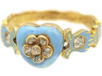 Georgian 18ct Gold, Pale Blue Enamel & Diamond Heart Shaped Ring
