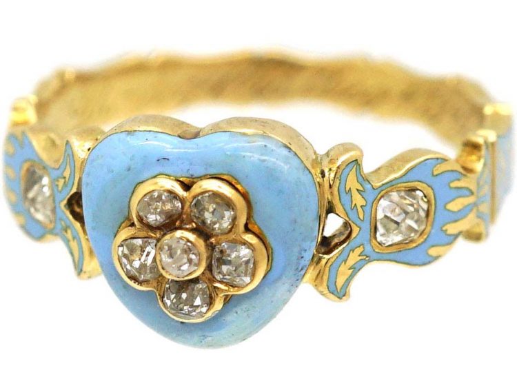 Georgian 18ct Gold, Pale Blue Enamel & Diamond Heart Shaped Ring