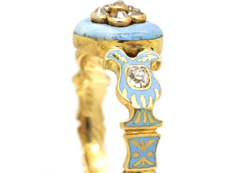 Georgian 18ct Gold, Pale Blue Enamel & Diamond Heart Shaped Ring