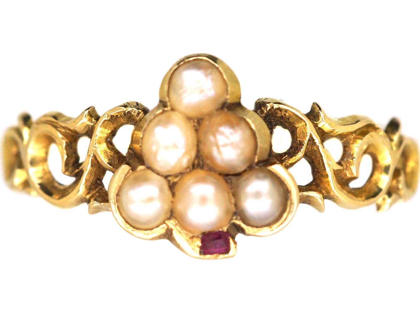 Georgian 9ct Gold Bunch of Grapes Ring set with Natural Split Pearls