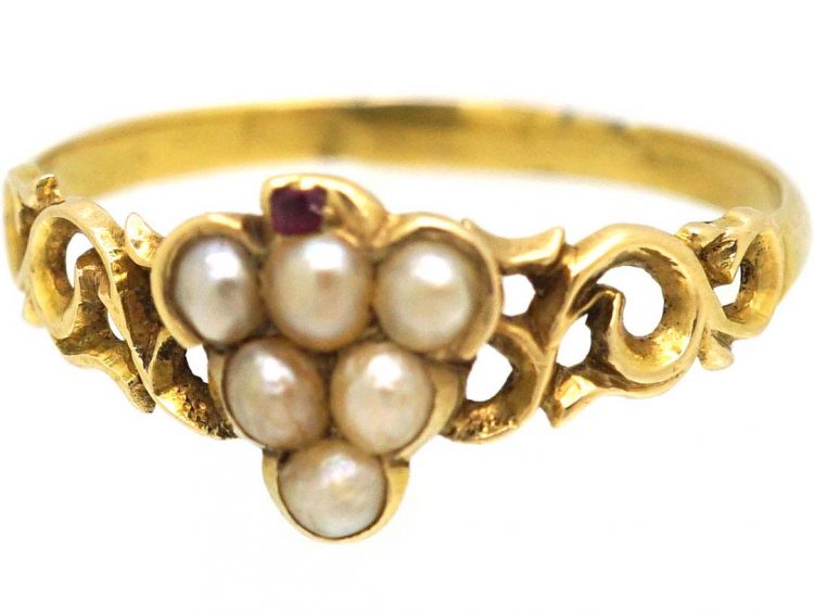 Georgian 9ct Gold Bunch of Grapes Ring set with Natural Split Pearls