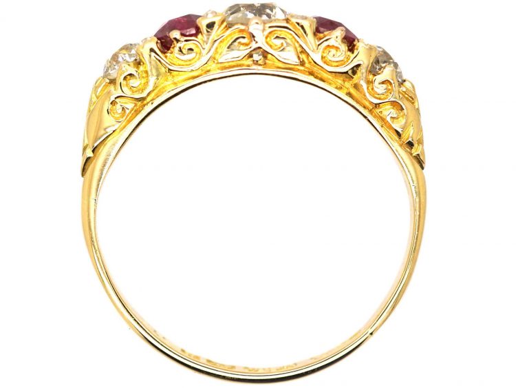 Victorian 18ct Gold Five Stone Ruby & Diamond Carved Half Hoop Ring