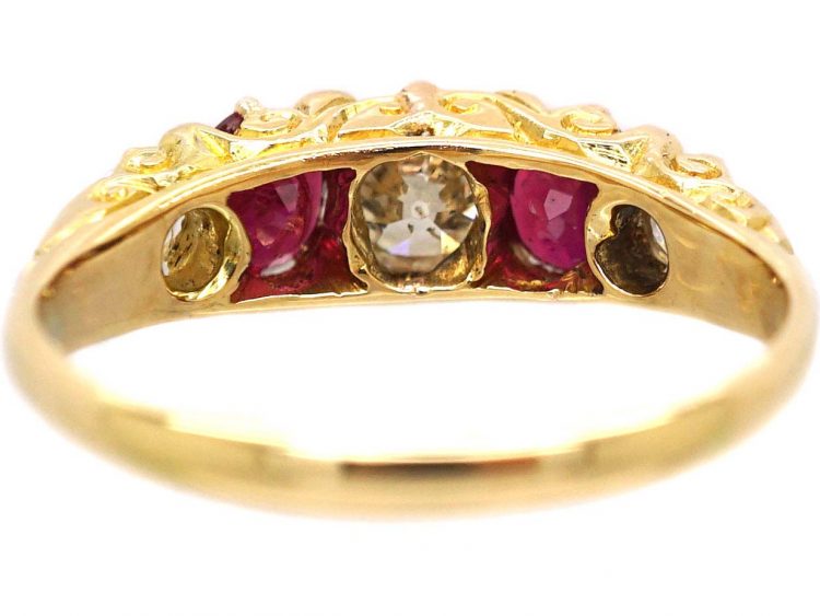 Victorian 18ct Gold Five Stone Ruby & Diamond Carved Half Hoop Ring