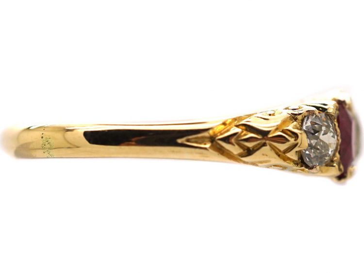 Victorian 18ct Gold Five Stone Ruby & Diamond Carved Half Hoop Ring