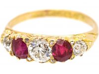 Victorian 18ct Gold Five Stone Ruby & Diamond Carved Half Hoop Ring