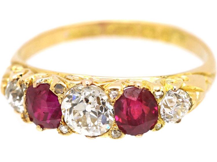 Victorian 18ct Gold Five Stone Ruby & Diamond Carved Half Hoop Ring