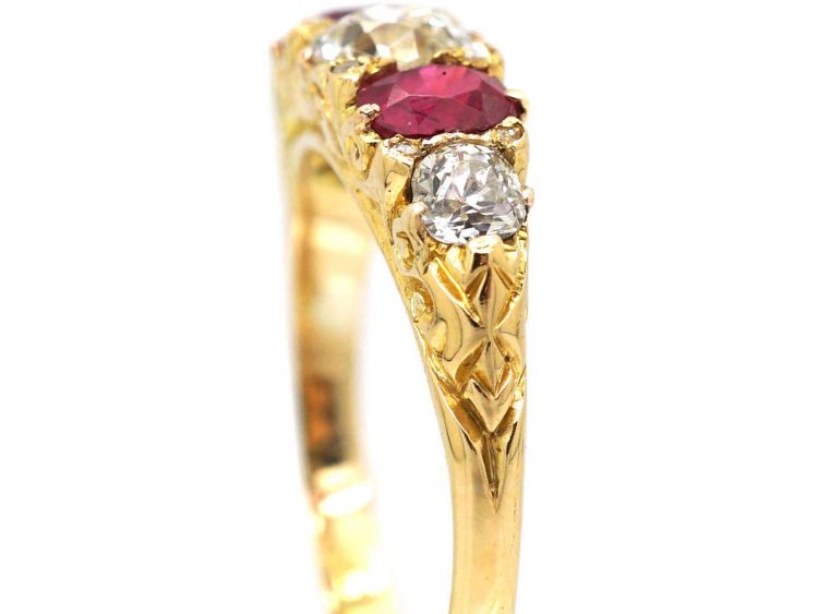 Victorian 18ct Gold Five Stone Ruby & Diamond Carved Half Hoop Ring