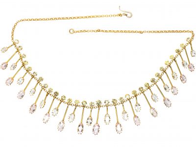 Victorian 18ct Gold Fringe Necklace with Chrysolite, Pink Topaz & Aquamarine Drops