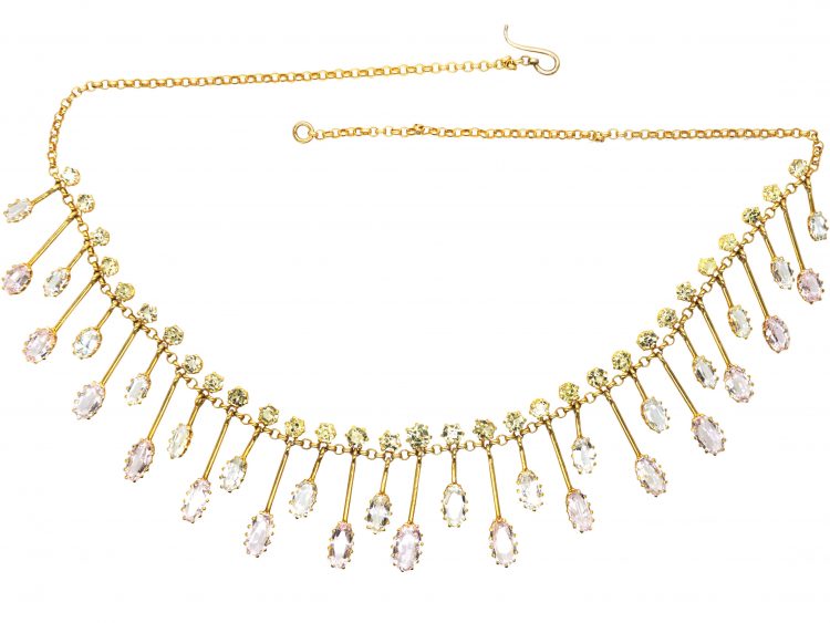 Victorian 18ct Gold Fringe Necklace with Chrysolite, Pink Topaz & Aquamarine Drops