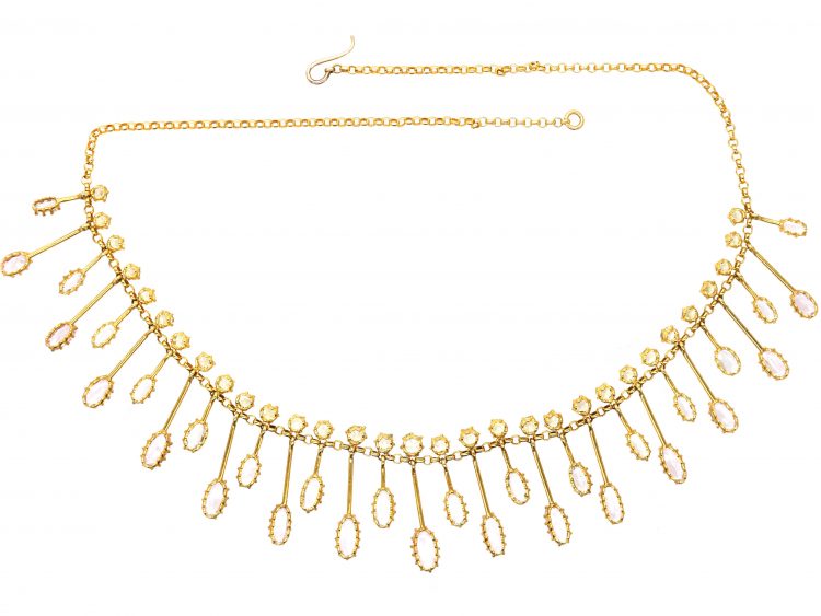 Victorian 18ct Gold Fringe Necklace with Chrysolite, Pink Topaz & Aquamarine Drops