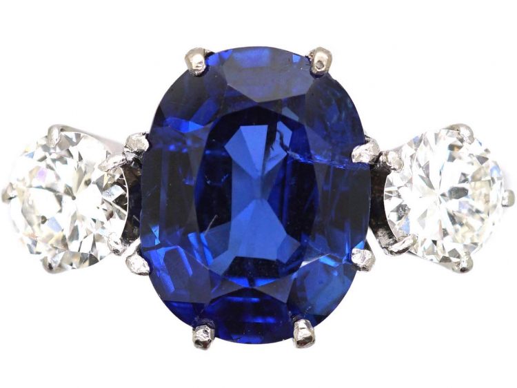 Early 20th Century Platinum, Burma Sapphire & Diamond Three Stone Ring