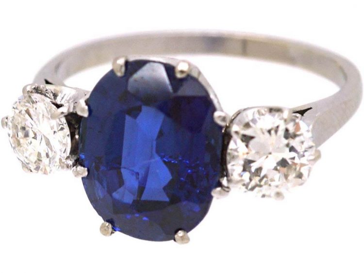 Early 20th Century Platinum, Burma Sapphire & Diamond Three Stone Ring