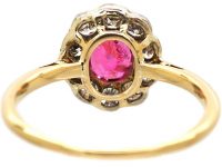 Edwardian 18ct Gold & Platinum, Pink Sapphire & Diamond Oval Cluster Ring