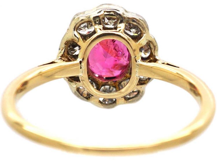 Edwardian 18ct Gold & Platinum, Pink Sapphire & Diamond Oval Cluster Ring