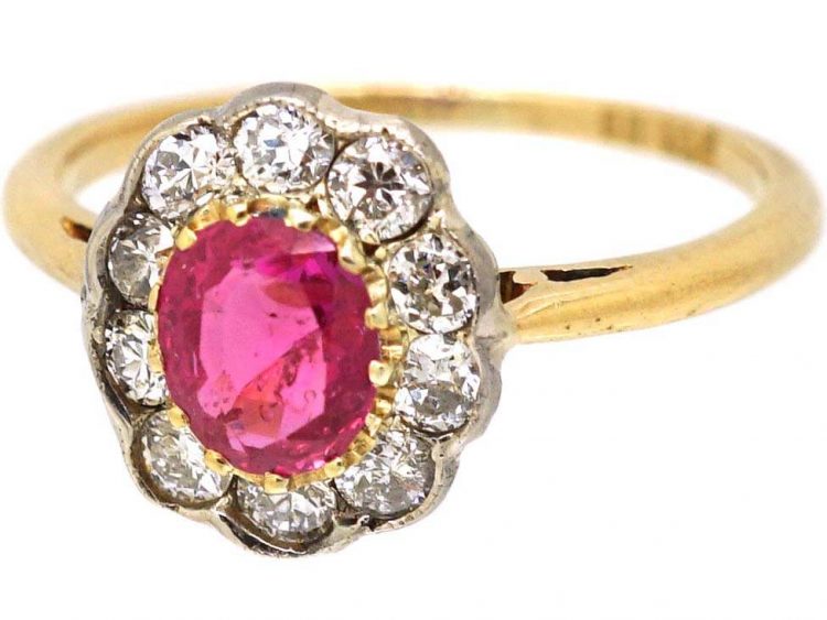 Edwardian 18ct Gold & Platinum, Pink Sapphire & Diamond Oval Cluster Ring