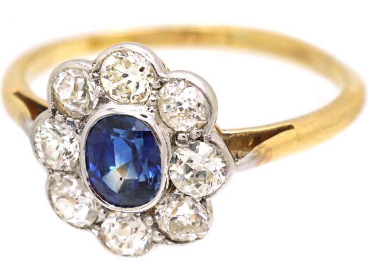 Edwardian 18ct Gold & Platinum, Sapphire & Diamond Oval Cluster Ring