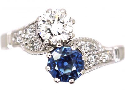 Edwardian 18ct White Gold, Sapphire & Diamond Crossover Ring by Charles Green & Sons