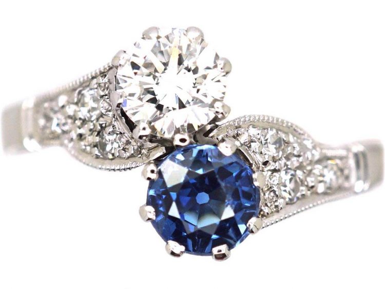 Edwardian 18ct White Gold, Sapphire & Diamond Crossover Ring by Charles Green & Sons
